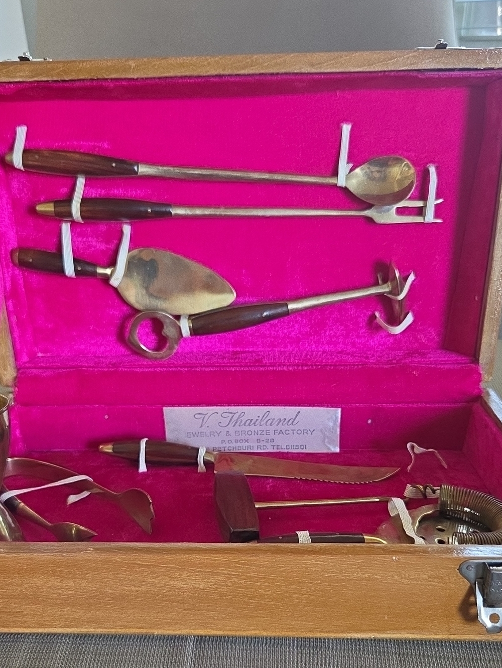 Vintage Thailand Bronze Bar Tool Set - Pink Lining